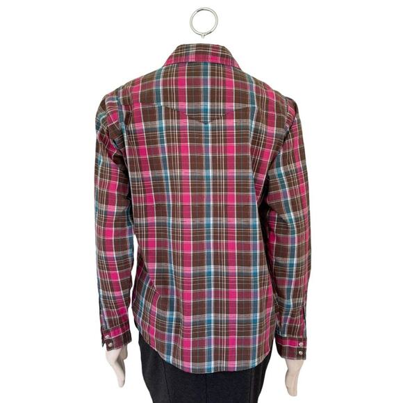 WRANGLER Long Sleeve Plaid Pearl Snap Western Shirt  Brown Pink Blue  SZ L - Picture 6 of 9